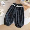 Calça lanterna floral para meninas, coleção primavera e outono, espessada para aquecimento, com acabamento em renda e punhos elásticos, estilo solto e casual para crianças