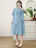 Vestido de Verão 2026 Estilo Japonês Desenho Animado Gato Bordado Algodão Lavado Jeans Comprimento Médio Manga Curta Vestido Camisa