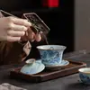 Tazón de té de tres partes Dehua de cerámica grande, estilo horno Ru, con patrón de paisaje azul y blanco, no quema, resistente al calor, para uso doméstico, juego de té Kung Fu