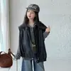 Conjunto de Ropa Otoñal Estilo Coreano para Niñas de Edad Media y Mayores: Chaleco de Cuero, Sudadera con Capucha a Rayas, Conjunto de Tres Piezas de Jeans