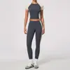 Conjunto de Yoga Zechuang de Tacto Natural para Mujer, Manga Corta Cuello Redondo, Pantalones Largos de Cintura Alta, Alta Elasticidad Ajuste Delgado Ropa Deportiva de Fitness 2567