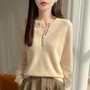 Suéter de talla grande con botones, camisa base de color liso, tejido de punto nuevo para otoño e invierno transfronterizo, jersey de manga larga para mujer