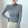 Camiseta Base Versátil de Color Sólido H393 con Cuello Alto Medio para Mujer, Camiseta de Manga Larga Cálida para Otoño e Invierno, Top Ajustado de Cuello Medio