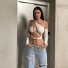 Camiseta Feminina Nova de Manga Longa com Gola Cruzada Sexy Cropped com Design Vazado Alça Tira Picante Ombro à Mostra