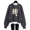 Primavera, Otoño e Invierno 2025 Nueva Sudadera Pulóver de Estilo Americano con Estampado de Letras, Holgada, Falso Dos Piezas, Cuello Semi-Alto para Mujer, Engrosada con Forro Polar, Longitud Media