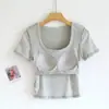 Top Quadrado de Manga Curta com Gola Redonda e Bojo no Peito Camiseta Feminina de Verão Camiseta Básica Slim-fit Roupa Íntima Slim-fit BRA-T