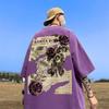 Camiseta de manga curta americana para homens de verão pesado solto plus size Marca de moda High Street Retro Rose Impresso meia manga