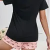 Shorts Pretos Curtos de Manga Curta Europeus e Americanos Transfronteiriços para Mulheres, Pijama Respirável Exportado de Tamanho Grande com Gola Redonda para Mulheres, Roupa Casual para Casa