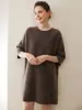 Suave y Acogedor~ Cuello Redondo Estilo Coreano, Mangas Tres Cuartos, Longitud Media, Vestido Base de Punto Casual, Suéter 100% Cachemira Pura para Mujer