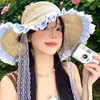Sombrero de Paja con Cinta de Encaje a Cuadros para Mujer, Sombrero de Sol de Verano para Playa y Vacaciones en la Costa, Sombrero de Sol con Ala Ancha para Protección Solar