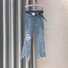 Jeans Rasgado com Furos de Fumaça de Oito Pontos Feminino Verão Fino Rasgado Mendigo Petite Elástico Cintura Alta Emagrecedor Reto Calças