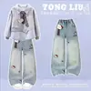 Moletom fino estilo japonês para meninas, para primavera e outono, doce e fresco, manga longa, jeans soltinho confortável com desenho, conjunto versátil moderno de duas peças