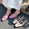 Estilo Coreano Estilo Hada Lazo Piel de Vaca Trasero Vacío Mary Jane 2025 Verano Tacón Bajo Grueso Punta Cuadrada Cuero Genuino Sandalias de Punta para Mujer
