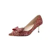 Zapatos de boda talla grande para mujer, zapatos de novia, vestido Xiuhe, bailarinas para damas de honor, tacones de aguja altos con lentejuelas y lazo estilo francés