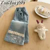 Jeans de Mezclilla con Adorno de Encaje FHW Estilo Nuevo Primavera y Otoño Pantalones de Pierna Recta Sueltos Estilo Coreano para Niños Pantalones de Pierna Ancha Elegantes para Niños Pequeños