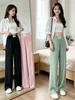Pantalones casuales de pierna ancha, corte slim, de seda helada para mujer, estilo de verano delgado, con caída, adelgazantes, corte holgado, adecuados para mujeres petite y de talla grande