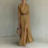 Vestido de verano para mujer estilo europeo y americano, cuello en V, abertura larga, color liso, adelgazante, estilo vacacional, vestido tipo camisa con diseño de cinturón, 2026