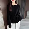 Novo Suéter de Lã 100% com Babados Estilo Preguiçoso Outono/Inverno para Mulheres, Suéter de Tricô com Barra Ajustável por Laço, Top Emagrecedor