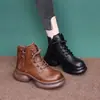 Botas Martin de Sola Grossa Britânicas para Aumento de Altura para Mulheres Botas de Cano Curto em Couro Macio Versátil para Outono/Inverno Zíper Lateral Cadarço Plataforma Solado Retro Emagrecimento