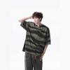 Camiseta de Verano para Hombre de Marca Trendy, Estilo Callejero Guapo para Pareja, Cuello en V Pequeño, Tie-Dye, Desgastada, Manga Corta, Rayas Retro Americanas, Manga Media