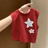Chaleco Blanco-Rojo sin Mangas para Niño Estilo Coreano con Parches de Estrellas, Delgado y Moderno, Favorecedor