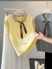 Suéter de Punto a Rayas de Seda Helada Estilo Universitario Coreano para Mujer, Top de Verano Muy Atractivo que Reduce la Edad con Bufanda de Seda