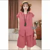 Conjunto de moda para mujer de manga corta, camiseta de cuello redondo y shorts nuevos conjunto de dos piezas, lino de moda verano morado