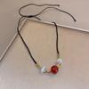 Libro Rojo Pequeño Pulsera de Granos de Acacia Ágata Imitación para Mujer Collar Sencillo Exquisito de Cuentas Cuerda Tejida Hecha a Mano