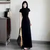 Vestido Negro de Manga Corta Estilo Francés para Mujer, Estilo Otoño, Ajustado, Ceñido a la Cintura, Impresionante Vestido Largo que Resalta las Caderas