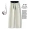 Calça Curva Estilo Americano Branco-Cinza para Mulheres, Lançamento Verão 2026 Casual Elástico na Cintura Solta Bordada Perna Larga