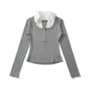 Atacado de Roupas Femininas Transfronteiriças Estilo Europeu e Americano Design Slim-Fit com Color-Blocking e Falso Duas Peças Manga Longa Pulôver Camiseta Top