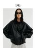 Chaqueta de Cuero Corta Negra Mate Texturizada Bie para Mujer de Gama Alta Retro con Cuello Alto y Cremallera Chaqueta de Motociclista