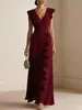Ropa de Mujer Europea y Americana 2026, Sitio Web Independiente Amazon, Color Sólido, Plisado, Manga Corta, Vestido de Cuello en V, Vestido de Gasa