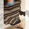 Suéter de Rayas Color Café Retro Americano con Hombros Normales y Mangas Largas Camiseta con un Diseño Impresionante, Perfecta para Otoño