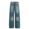 L831 Estilo High Street Americano Unisex Gama Alta Azul Lavado Remache Diseño Metálico Jeans Rectos Holgados para Hombre