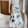Falda floral para mujer, nuevo estilo de verano, falda de satén de acetato elástico de cintura alta, elegante falda midi de media longitud