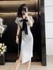 Vestido casual europeo para mujer verano 2025 nuevo diseño de moda sentido costura lazo manga corta abertura vestido