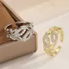 Anillo Abierto de Alto Nivel Calado Incrustado con Diamantes, Diseño Completo de Circonita Chapado en Oro Cobre, Anillo Ajustable de Lujo Ligero de Nicho para Uso Diario