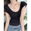 Azul Grande Nearline Clavícula Sexy Manga Corta Algodón Slub Microtransparente Fino Camiseta Top de Manga Corta Ajustado para Verano para Mujer