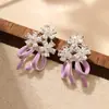 Pendientes de Flor de Pedrería y Lazo de Esmalte, Moda Dulce, Nicho de Lujo Ligero, Gama Alta, Exquisitos, Elegantes, Versátiles