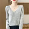 Suéter de punto sin costuras 100% lana con cuello en V y puntos de colores, corte holgado, adelgazante, color liso, suéter base de punto para mujer
