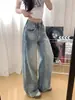 Jeans Wide Leg de Cintura Alta Estilo Retrô Americano Feminino Outono 2026 Novo Estilo Solto Design que Valoriza Senso de Moda Calças Lavadas de Comprimento Total