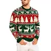 Suéter Sudadera Falso de Cuello Redondo con Estampado de Reno Fair Isle Rojo y Verde, Árbol de Navidad y Copo de Nieve, Festivo Europeo y Americano