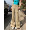 Calça jeans micro flare cáqui para trabalho feminina, primavera, multibolsos, cintura baixa, elástica, solta, não gruda nas pernas, calça flare de comprimento total