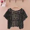 Estilo coreano novo verão lapela única decote V estilo ocidental renda vazada moda manga curta cardigã casaco curto top vazado