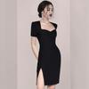 Vestido Negro Casual 2026 Nuevo Invierno Estilo Vintage Sencillo con Abertura Vestido Negro Estilo Hepburn Vestido Negro