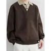 Suéter de Tricô Color Block com Gola Polo Falso de Duas Peças para Homens, Casual e Moderno, Design Versátil, Cardigã de Tricô da Moda