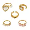 Anillo Incrustado con Circonita Geométrica, Anillo Abierto de Acero Inoxidable con Forma de Corazón, Cáscara de Diamante y Perla, Joyería Versátil Personalizable para Apilar
