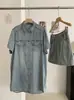 Kekezoon Vestido Jeans de Manga Curta Retro Workwear para Mulheres + Conjunto de Duas Peças com Saia Uma Peça 8343