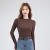 Camiseta base macia e felpuda de gola semimédia para mulheres, camiseta base quente para outono e inverno, blusa grossa de manga comprida com forro de fleece para mulheres